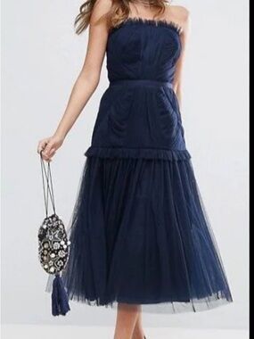 ASOS Navy Strapless Tulle Midi Dress
